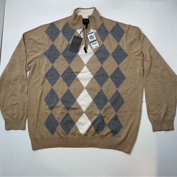 Tasso Elba Other - NEW 100% Cotton Tasso Elba Blue Brown Argyle Quarter Zip Sweater Size XL